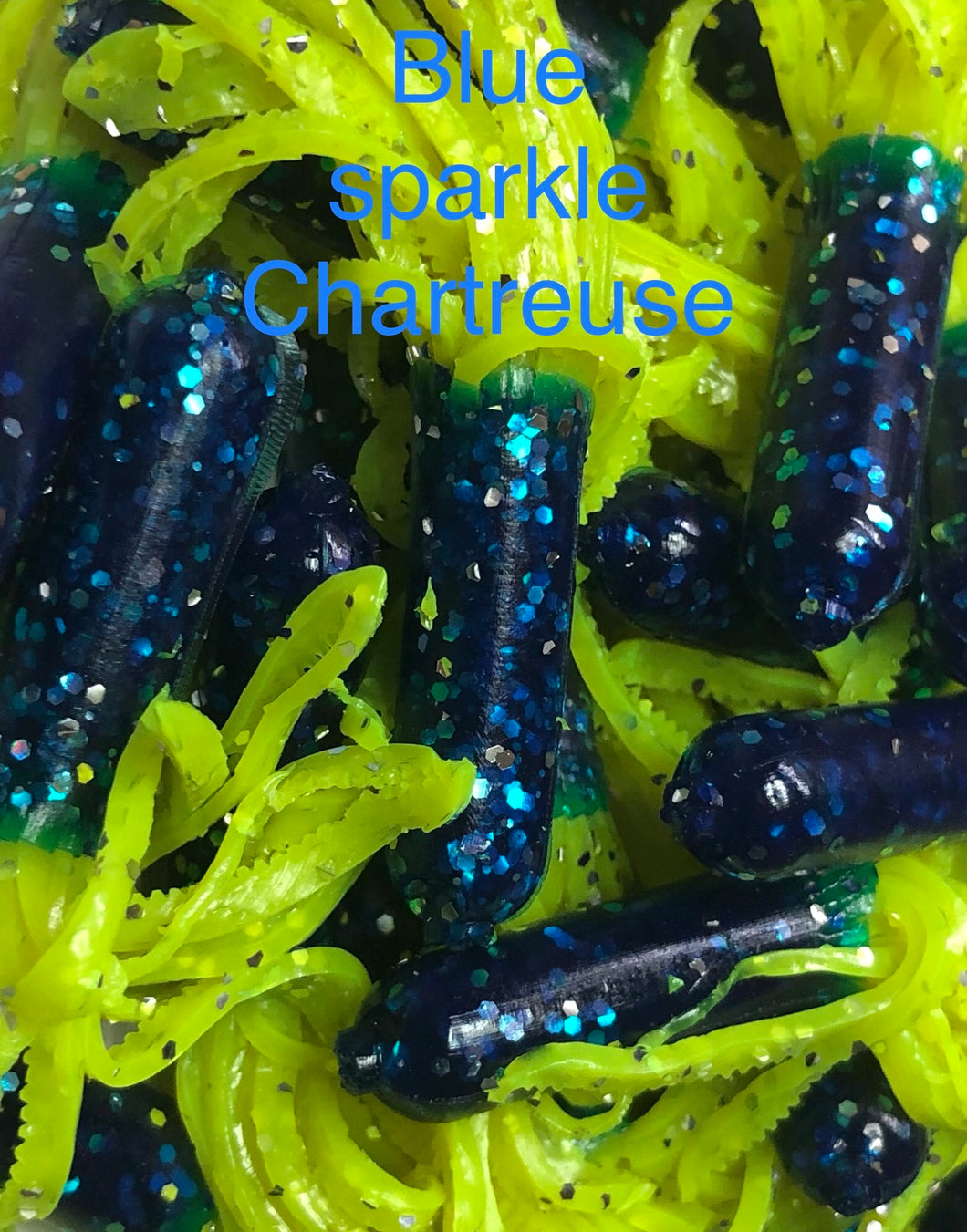 Tuff Bugs Blue Sparkle/Chartreuse - 10/pkg - 2 1/2 inch solid body soft rubber bait