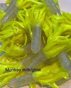 Tuff Bugs Monkey Milk/Glow - 10/pkg  - 2 1/2 inch solid body soft rubber bait
