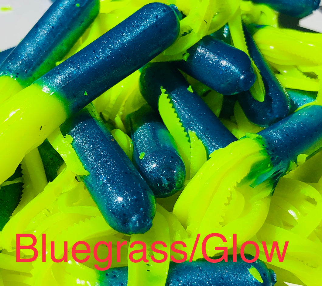 Tuff Bugs Blue Grass/Glow - 10/pkg - 2 1/2 inch solid body soft rubber bait