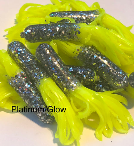 Tuff Bugs Platinum/Glow - 10/pkg  - 2 1/2 inch solid body soft rubber bait