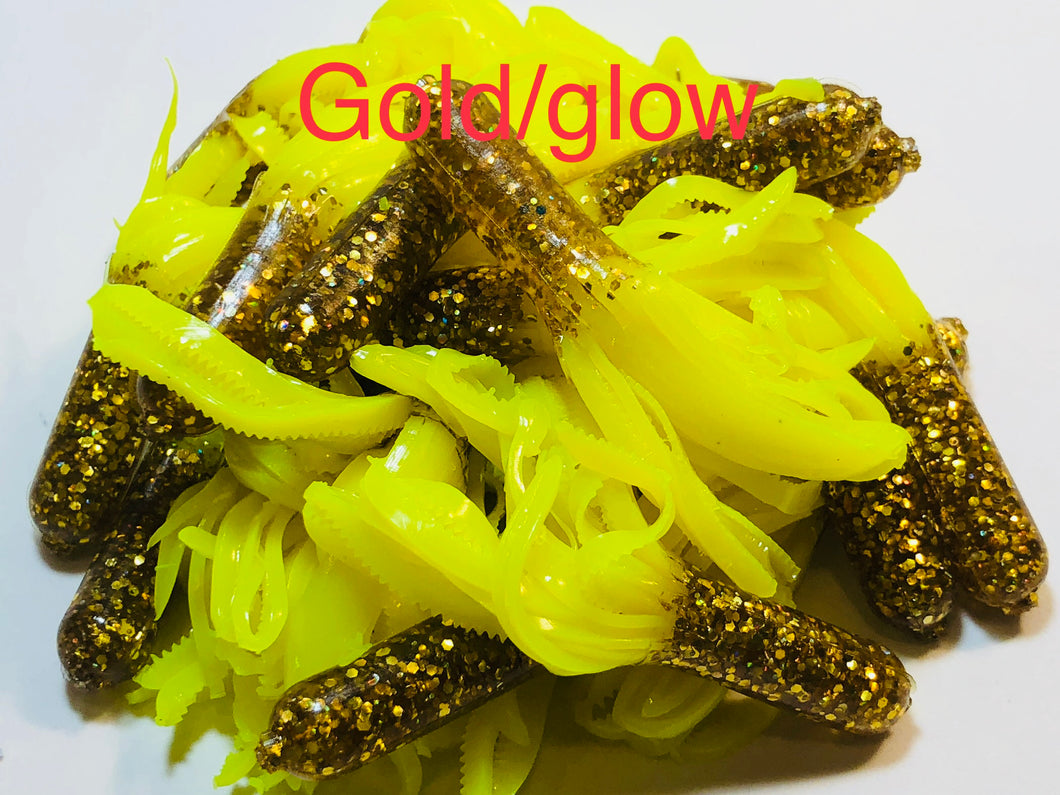 Tuff Bugs Gold/Glow - 10/pkg  - 2 1/2 inch solid body soft rubber bait
