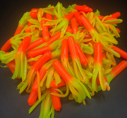 Tuff Bugs Orange/Green Chartreuse - 10/pkg - 2 1/2 inch solid body soft rubber bait