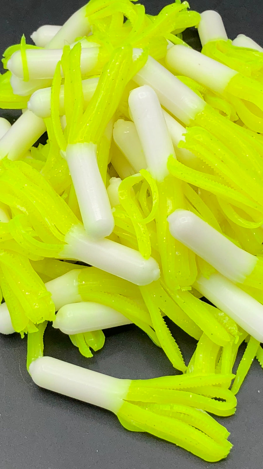Tuff Bugs Bone White/Chatreuse- 10/pkg - 2 1/2 inch solid body soft rubber bait