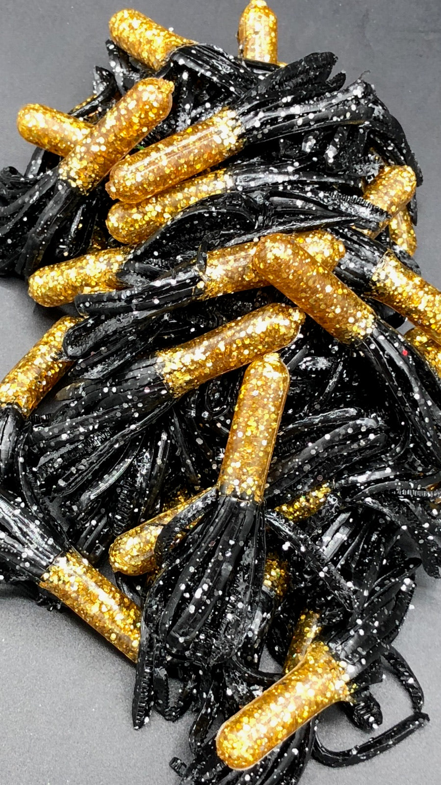 Tuff Bugs Midnight Gold with Silver Flake - 10/pkg - 2 1/2 inch solid body soft rubber bait